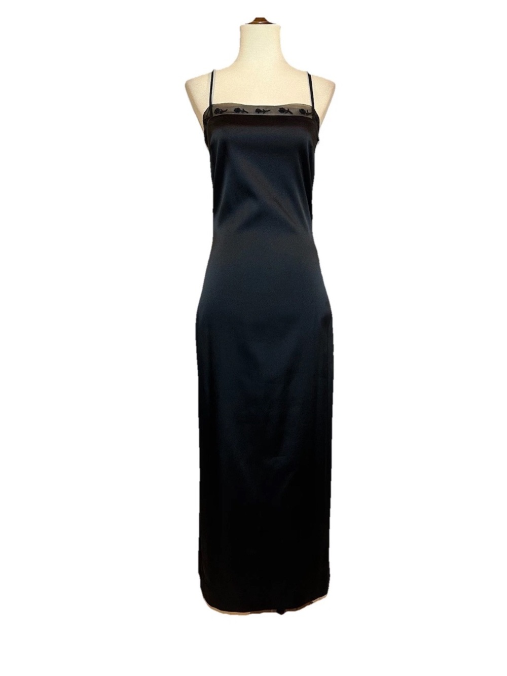 Vtg 90s Y2K Byer Too! California Formal Dress Size XS Black Satin Midi Beaded